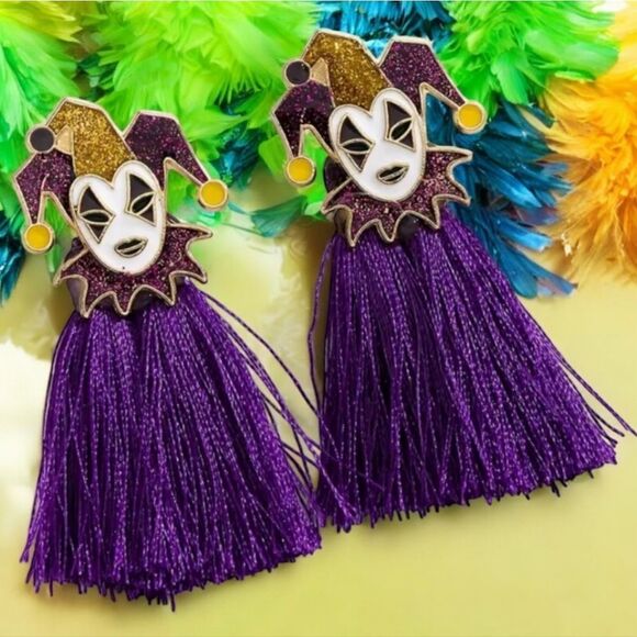 Mardi Gras Jester Fringe Earrings Purple Tassel Carnival Pierced Studs Dangle - Picture 4 of 4